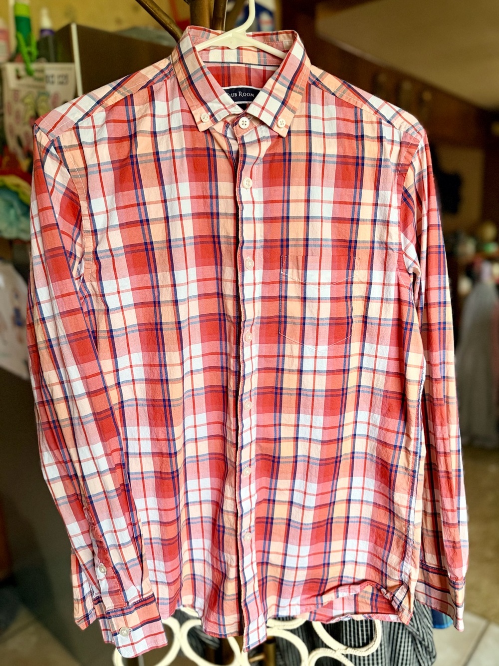 Clubroom Men’s Small button down Long sleeve orange Blue plaid Stretch Cotton
